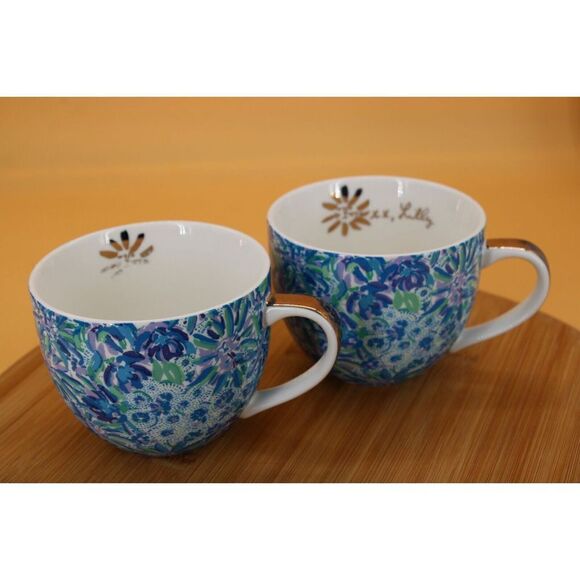 Lilly Pulitzer Other - Lilly Pulitzer Ceramic Mugs Blue Floral 2/ 12 Oz Lion Around Coffee Cups 1 Pair